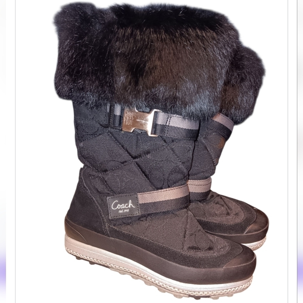 Coach Mariette  Women's Quilted Black Fur Boots Sz 6m